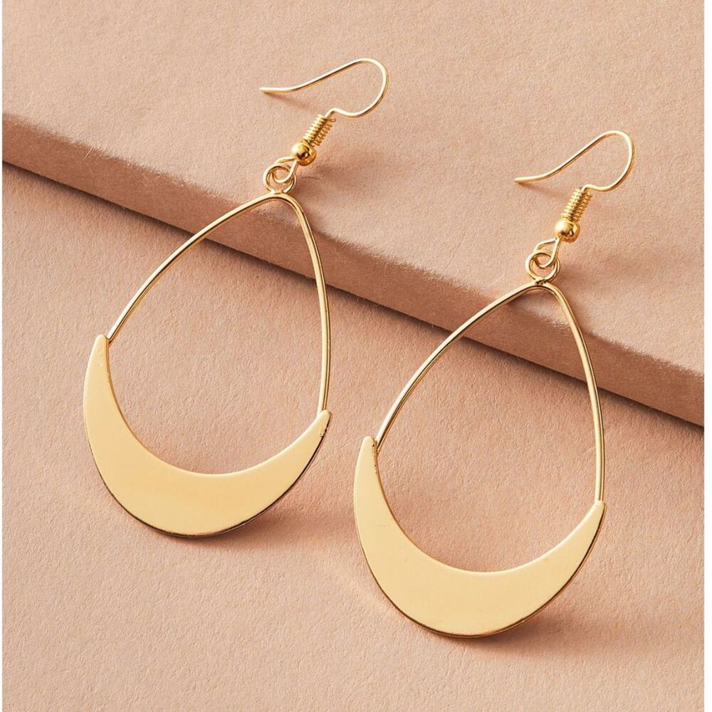 Gold Open Teardrop Dangle Earrings Crescent Moon Drop Pendant Lightweight Charm